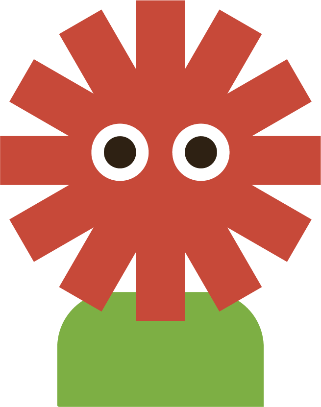 Illustration aus geometrischen Formen in Rot und Grün mit sich umherschauenden Augen