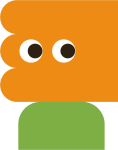 Illustration aus geometrischen Formen in Orange und Grün mit nach rechts blickenden Augen