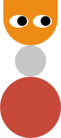 Illustration aus geometrischen Formen in Orange, Grau und Rot mit nach rechts blickenden Augen