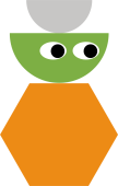 Illustration aus geometrischen Formen in Grau, Grün und Orange mit Augen, die nach rechts blicken