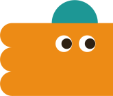 Illustration aus geometrischen Formen in Orange und Türkis mit nach vorne blickenden Augen