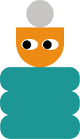 Illustration aus geometrischen Formen in Grau, Orange und Türkis mit nach links blickenden Augen