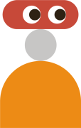 Illustration aus geometrischen Formen in Rot, Grau und Orange mit nach rechts blickenden Augen